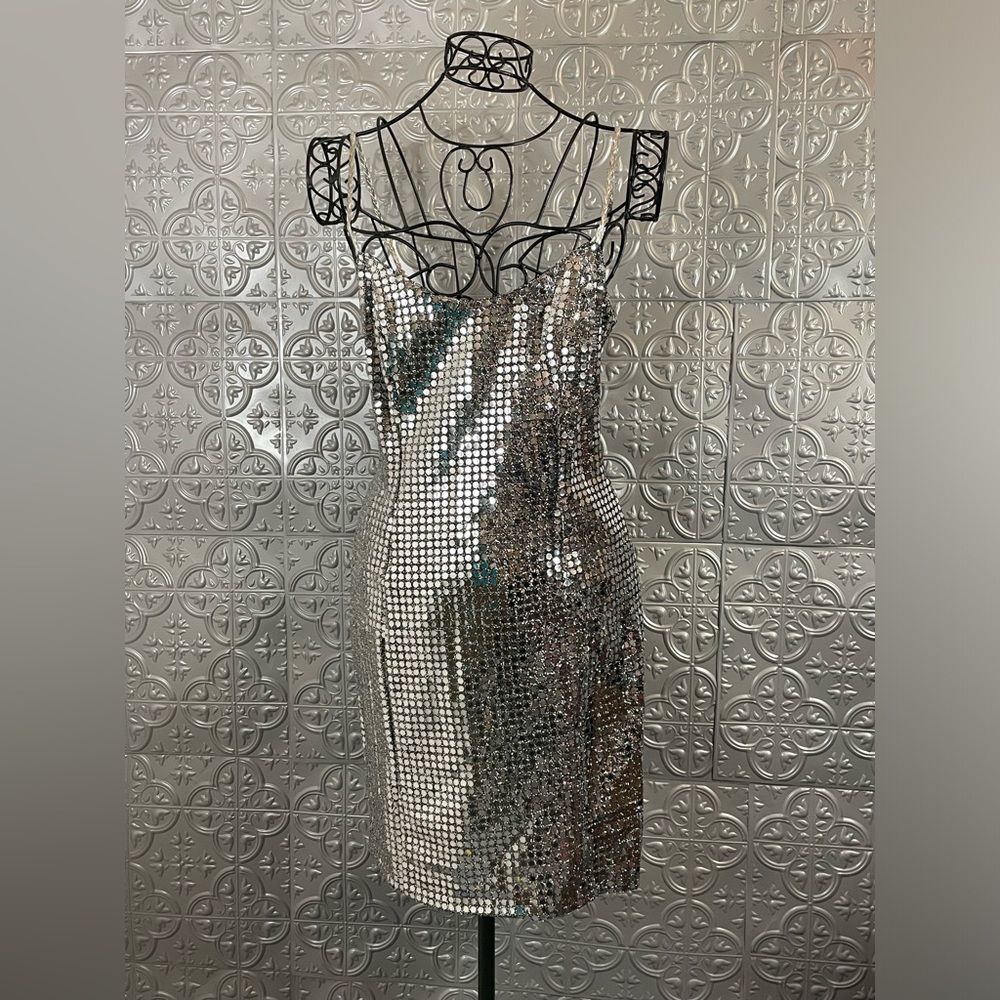 Vintage Silver Sequin Disco Mini Dress
